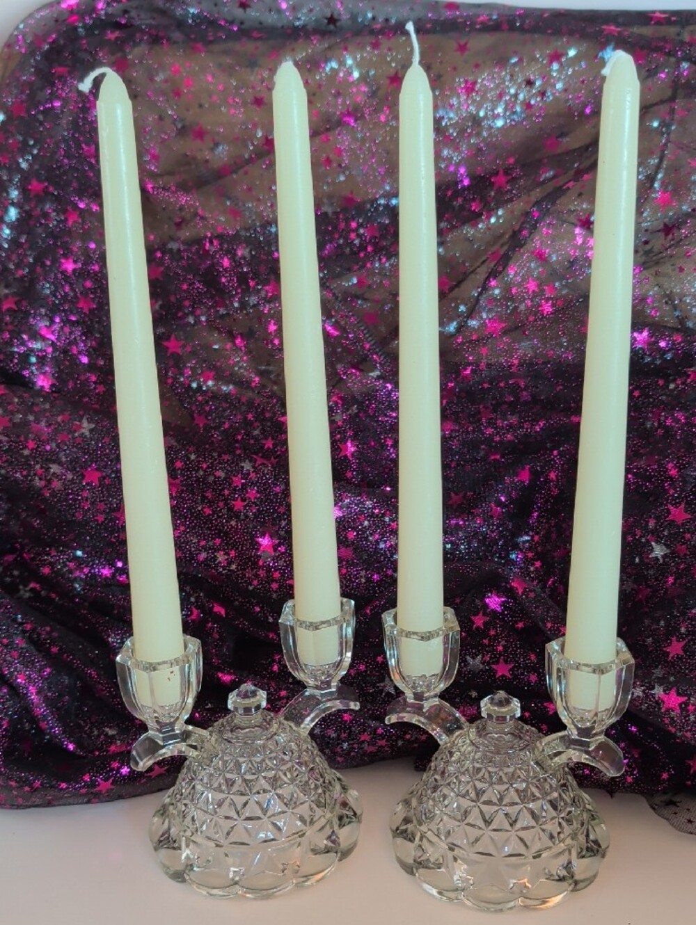 VTG. Pair Glass Double Pressed Candlestick Holders Press .🌟🌟🌟